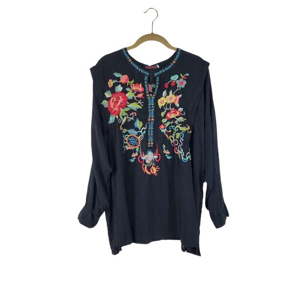 Johnny Was Tops - Johnny Was Embroidered Popover Top Black Rayon Multicolor Floral Womens Size 1X